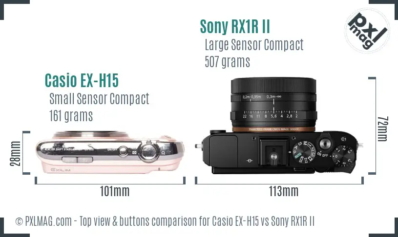 Casio EX-H15 vs Sony RX1R II top view buttons comparison