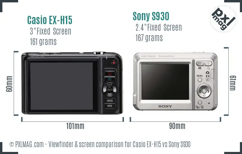 Casio EX-H15 vs Sony S930 Screen and Viewfinder comparison