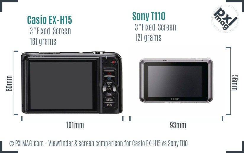 Casio EX-H15 vs Sony T110 Screen and Viewfinder comparison