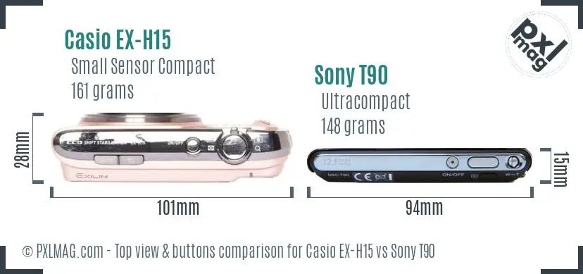Casio EX-H15 vs Sony T90 top view buttons comparison