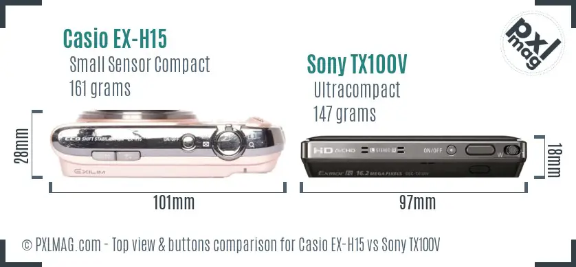 Casio EX-H15 vs Sony TX100V top view buttons comparison