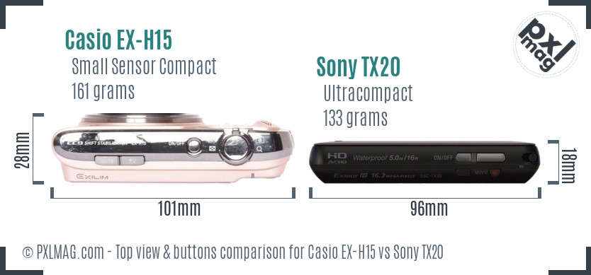 Casio EX-H15 vs Sony TX20 top view buttons comparison