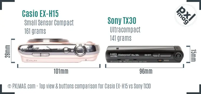 Casio EX-H15 vs Sony TX30 top view buttons comparison