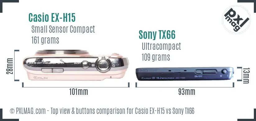 Casio EX-H15 vs Sony TX66 top view buttons comparison Casio EX-H15 vs Sony TX66 top view buttons comparison