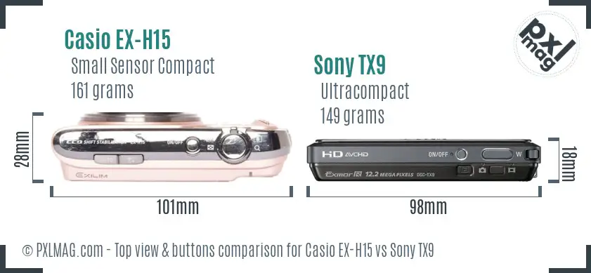 Casio EX-H15 vs Sony TX9 top view buttons comparison