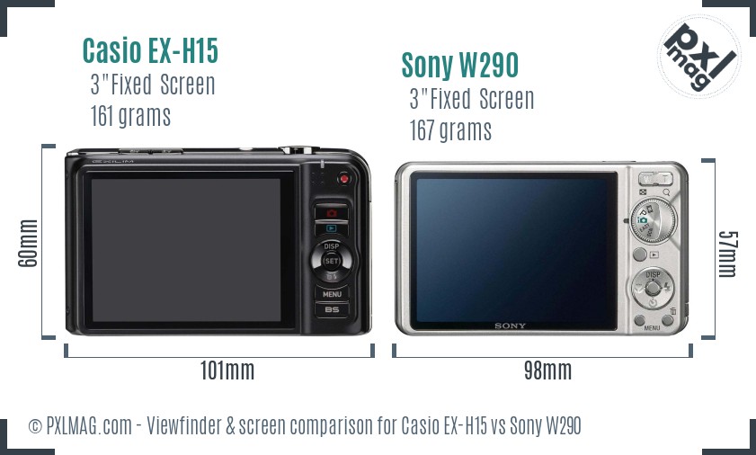 Casio EX-H15 vs Sony W290 Screen and Viewfinder comparison