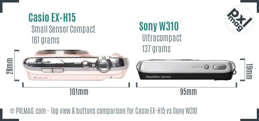 Casio EX-H15 vs Sony W310 top view buttons comparison