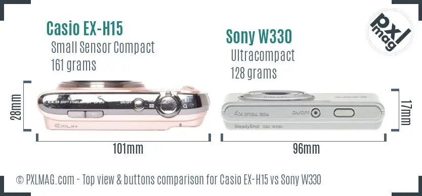 Casio EX-H15 vs Sony W330 top view buttons comparison Casio EX-H15 vs Sony W330 top view buttons comparison
