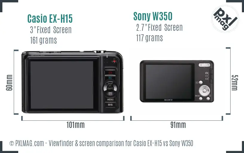 Casio EX-H15 vs Sony W350 Screen and Viewfinder comparison
