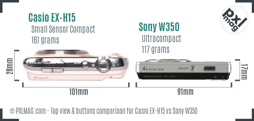 Casio EX-H15 vs Sony W350 top view buttons comparison