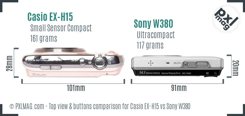 Casio EX-H15 vs Sony W380 top view buttons comparison Casio EX-H15 vs Sony W380 top view buttons comparison