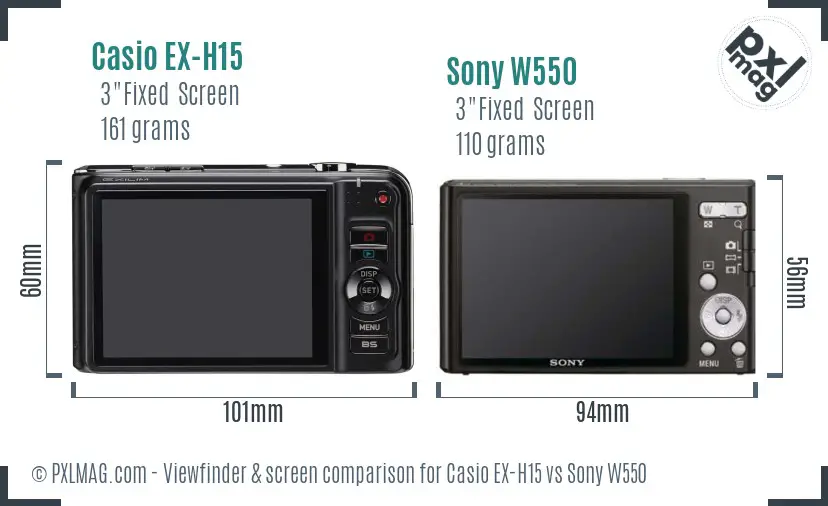 Casio EX-H15 vs Sony W550 Screen and Viewfinder comparison