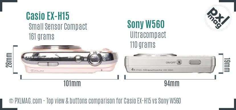 Casio EX-H15 vs Sony W560 top view buttons comparison