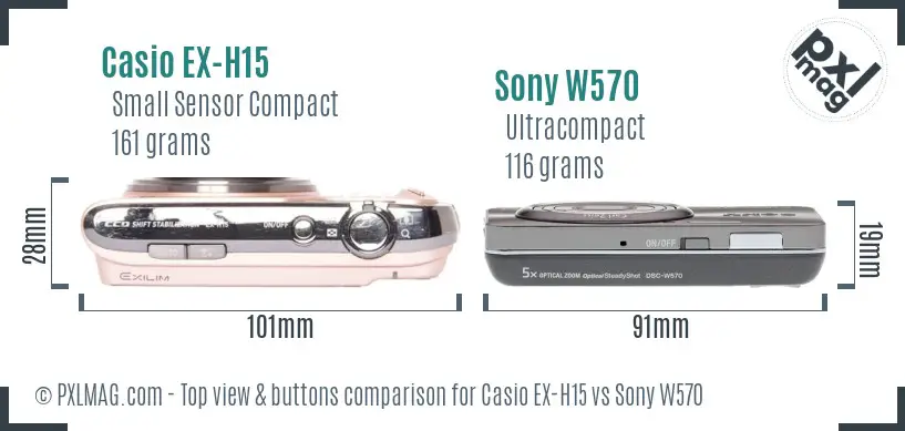 Casio EX-H15 vs Sony W570 top view buttons comparison Casio EX-H15 vs Sony W570 top view buttons comparison