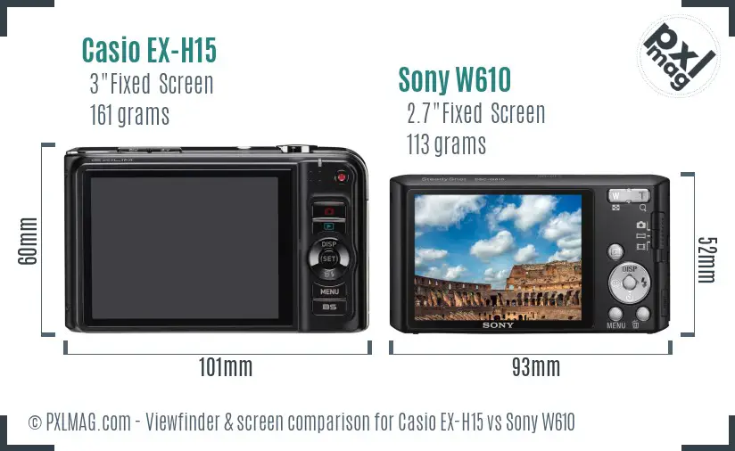 Casio EX-H15 vs Sony W610 Screen and Viewfinder comparison