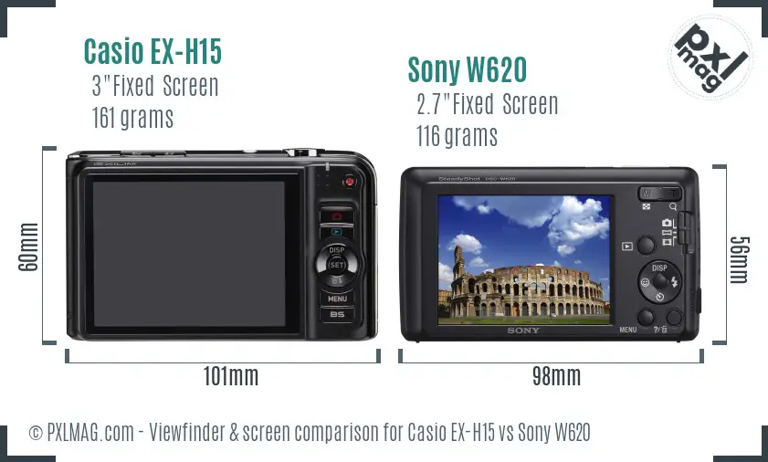 Casio EX-H15 vs Sony W620 Screen and Viewfinder comparison