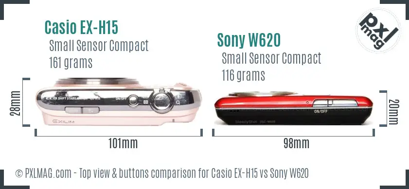 Casio EX-H15 vs Sony W620 top view buttons comparison