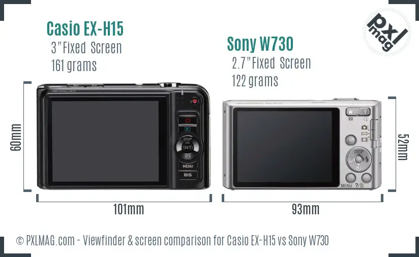 Casio EX-H15 vs Sony W730 Screen and Viewfinder comparison