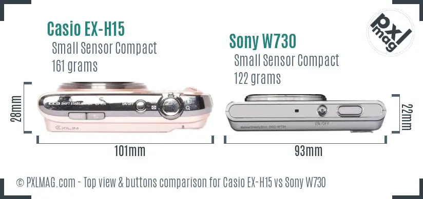 Casio EX-H15 vs Sony W730 top view buttons comparison