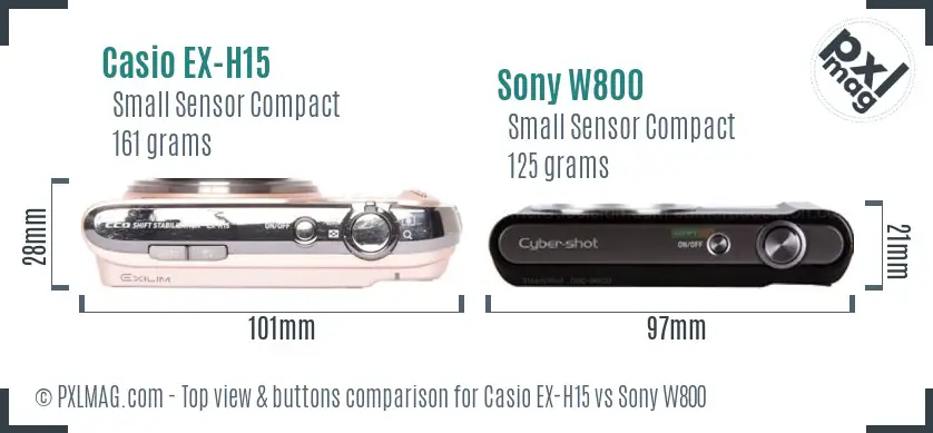 Casio EX-H15 vs Sony W800 top view buttons comparison Casio EX-H15 vs Sony W800 top view buttons comparison