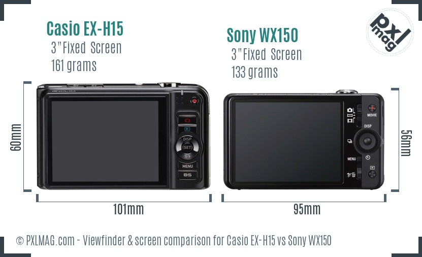 Casio EX-H15 vs Sony WX150 Screen and Viewfinder comparison