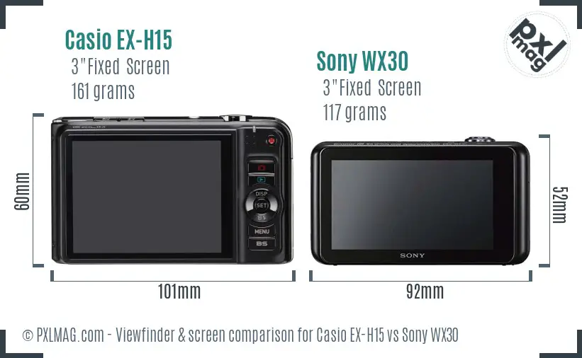 Casio EX-H15 vs Sony WX30 Screen and Viewfinder comparison