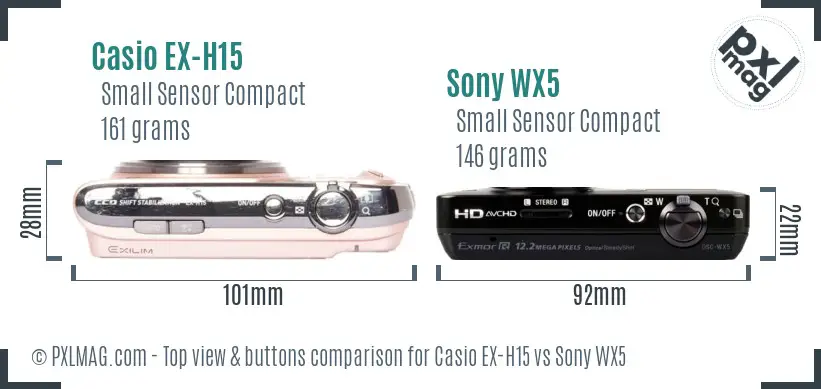 Casio EX-H15 vs Sony WX5 top view buttons comparison Casio EX-H15 vs Sony WX5 top view buttons comparison