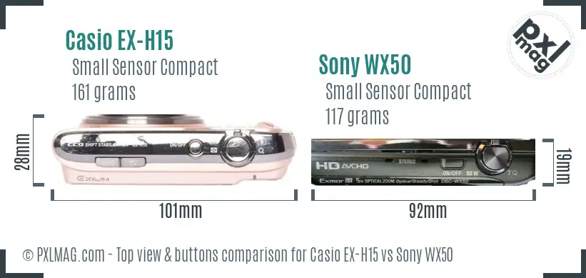 Casio EX-H15 vs Sony WX50 top view buttons comparison