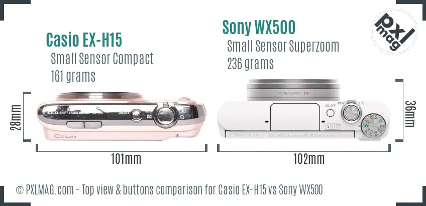 Casio EX-H15 vs Sony WX500 top view buttons comparison