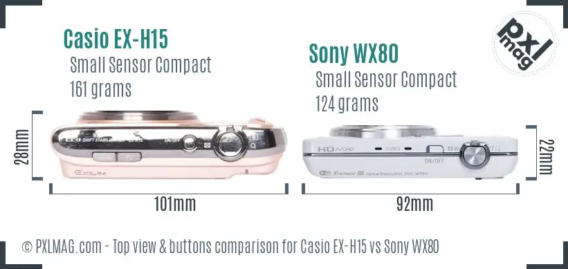 Casio EX-H15 vs Sony WX80 top view buttons comparison Casio EX-H15 vs Sony WX80 top view buttons comparison