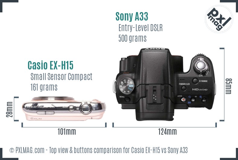Casio EX-H15 vs Sony A33 top view buttons comparison