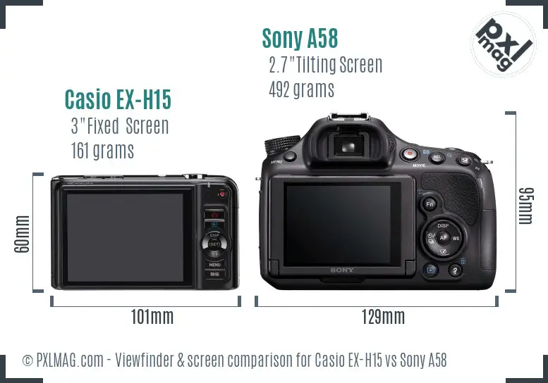 Casio EX-H15 vs Sony A58 Screen and Viewfinder comparison