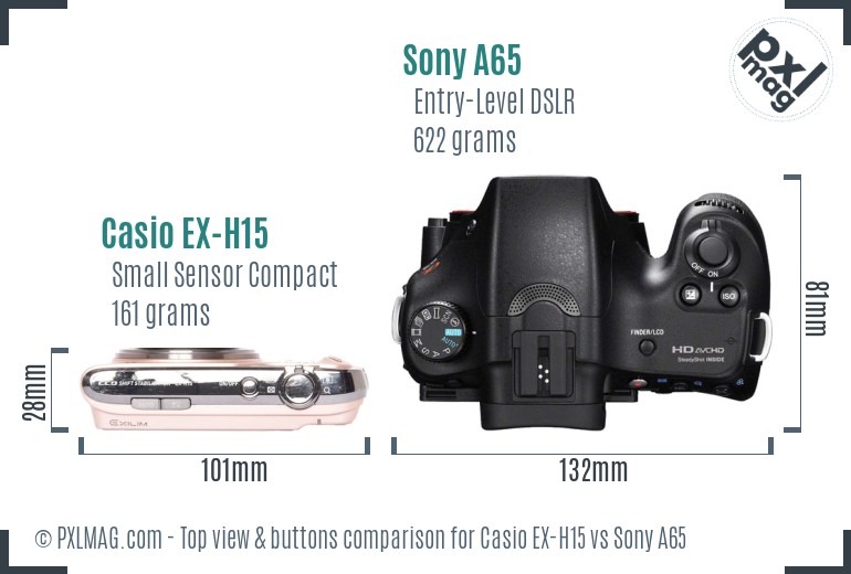 Casio EX-H15 vs Sony A65 top view buttons comparison