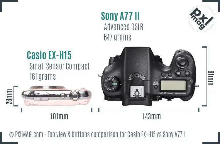 Casio EX-H15 vs Sony A77 II top view buttons comparison