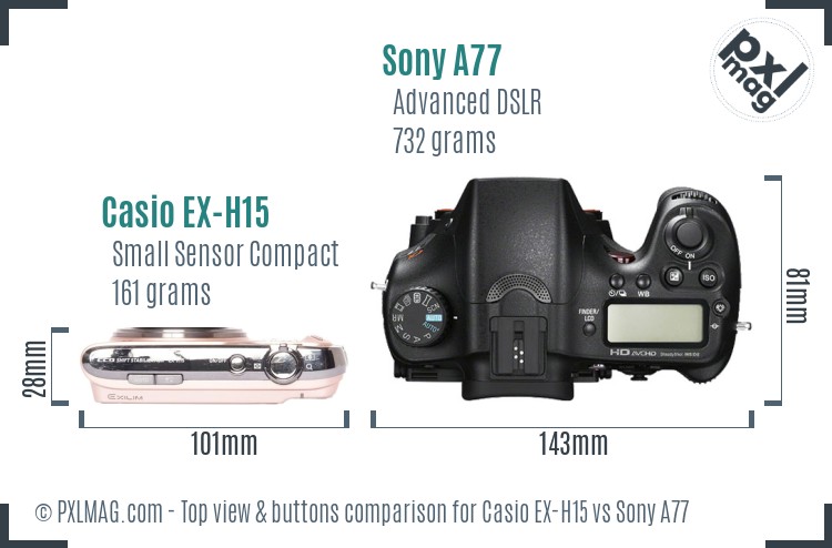 Casio EX-H15 vs Sony A77 top view buttons comparison