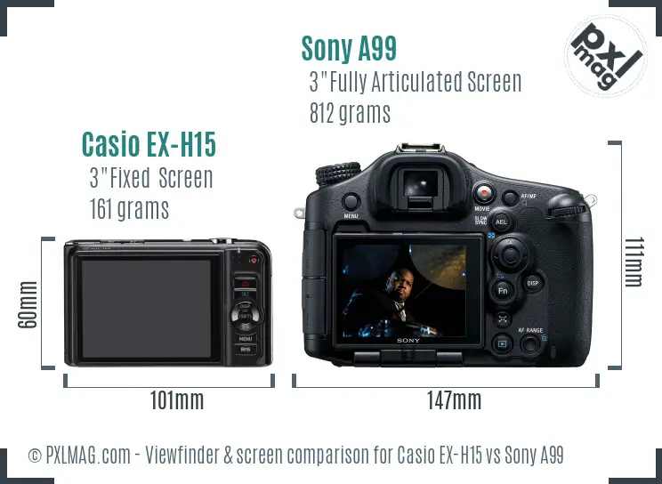 Casio EX-H15 vs Sony A99 Screen and Viewfinder comparison