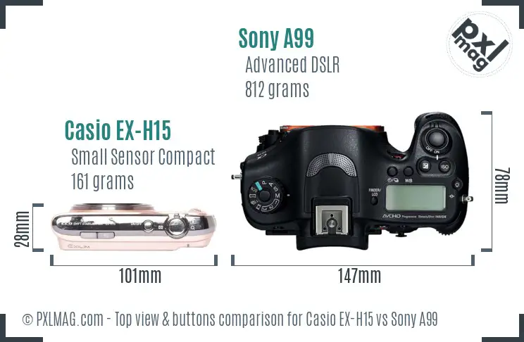 Casio EX-H15 vs Sony A99 top view buttons comparison