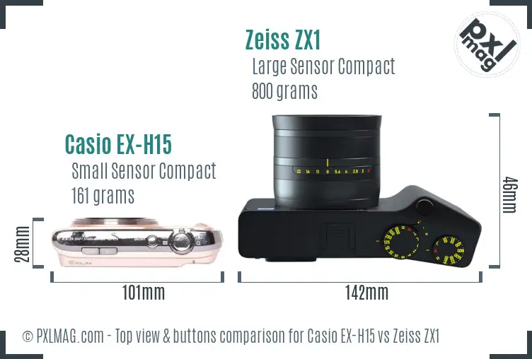 Casio EX-H15 vs Zeiss ZX1 top view buttons comparison Casio EX-H15 vs Zeiss ZX1 top view buttons comparison