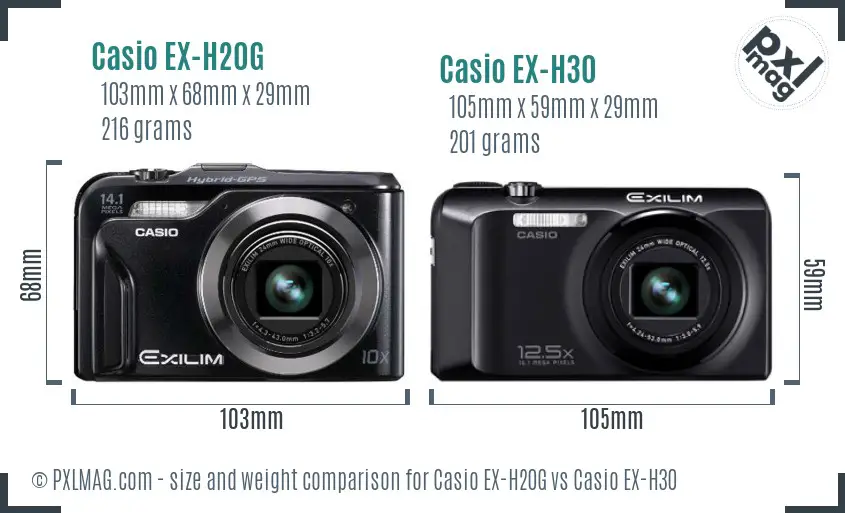 Casio EX-H20G vs Casio EX-H30 size comparison