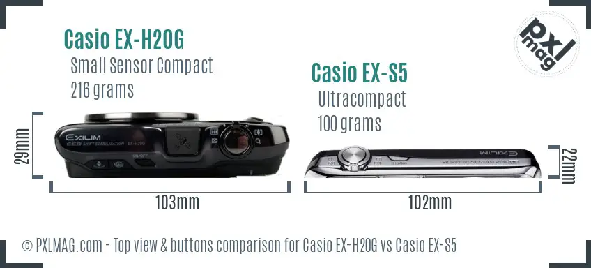 Casio EX-H20G vs Casio EX-S5 top view buttons comparison