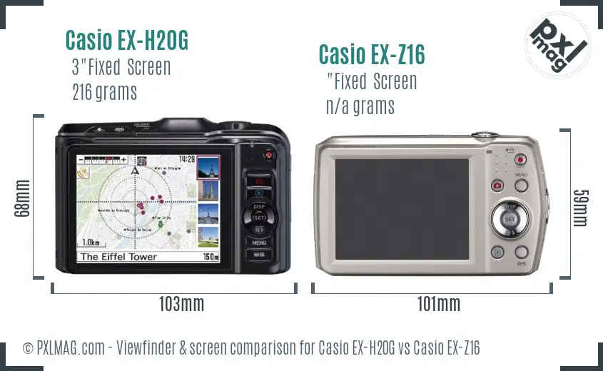 Casio EX-H20G vs Casio EX-Z16 Screen and Viewfinder comparison