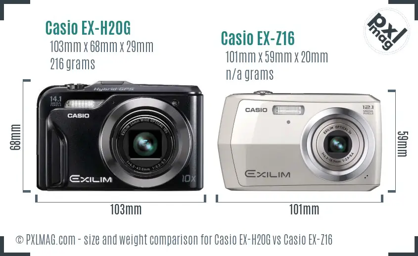 Casio EX-H20G vs Casio EX-Z16 size comparison