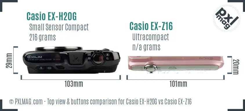 Casio EX-H20G vs Casio EX-Z16 top view buttons comparison