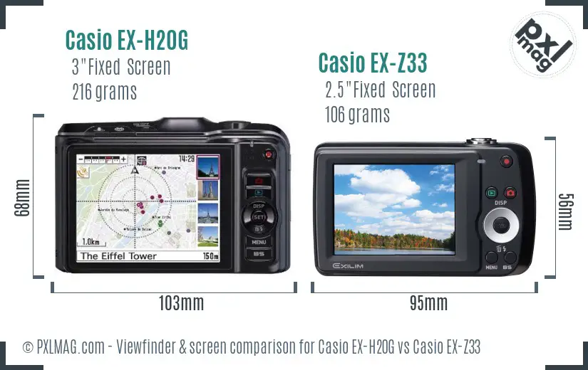 Casio EX-H20G vs Casio EX-Z33 Screen and Viewfinder comparison