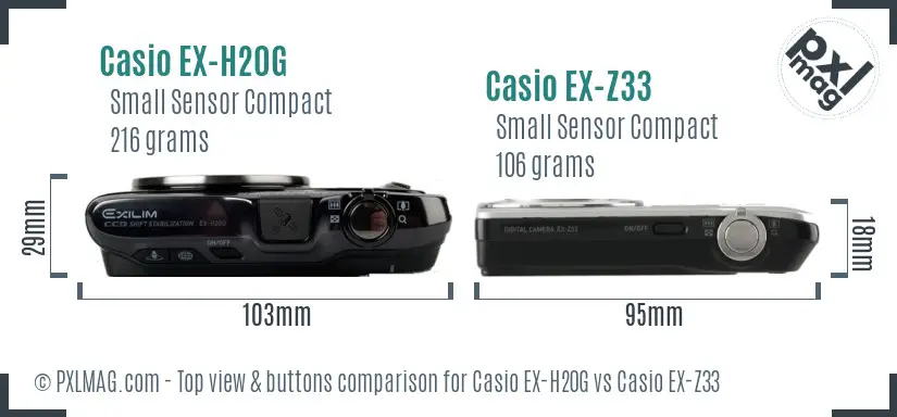 Casio EX-H20G vs Casio EX-Z33 top view buttons comparison