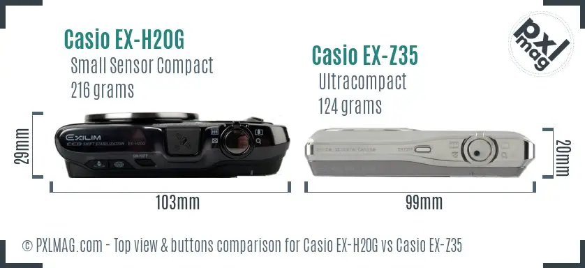 Casio EX-H20G vs Casio EX-Z35 top view buttons comparison Casio EX-H20G vs Casio EX-Z35 top view buttons comparison