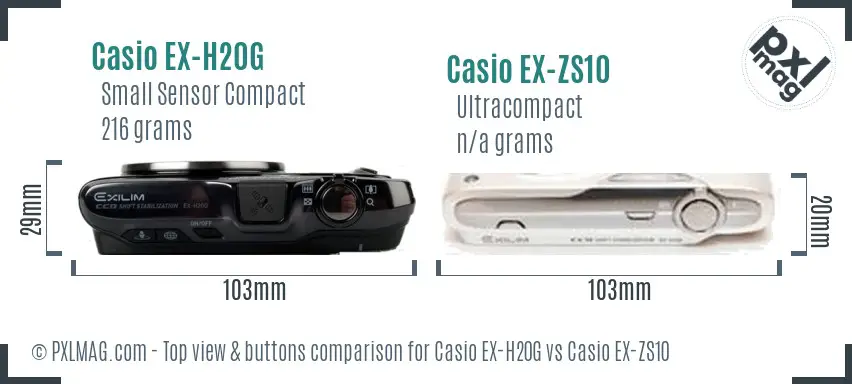 Casio EX-H20G vs Casio EX-ZS10 top view buttons comparison Casio EX-H20G vs Casio EX-ZS10 top view buttons comparison