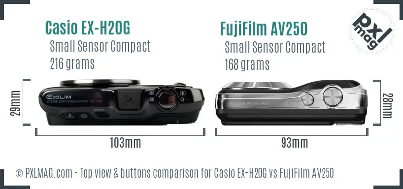 Casio EX-H20G vs FujiFilm AV250 top view buttons comparison Casio EX-H20G vs FujiFilm AV250 top view buttons comparison