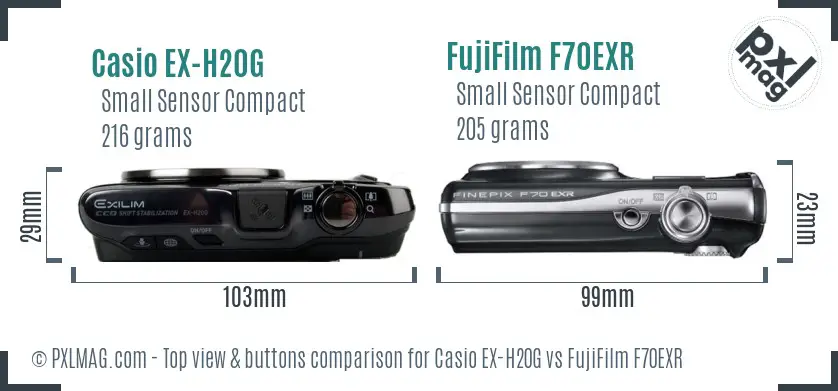 Casio EX-H20G vs FujiFilm F70EXR top view buttons comparison