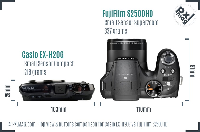 Casio EX-H20G vs FujiFilm S2500HD top view buttons comparison